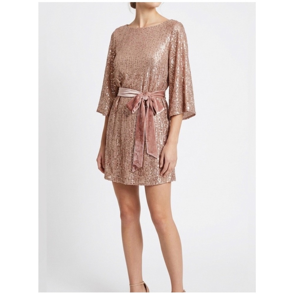 Anthropologie Mini Dress S Rose Gold Sequin Velvet Tie Pink Bell Sleeve